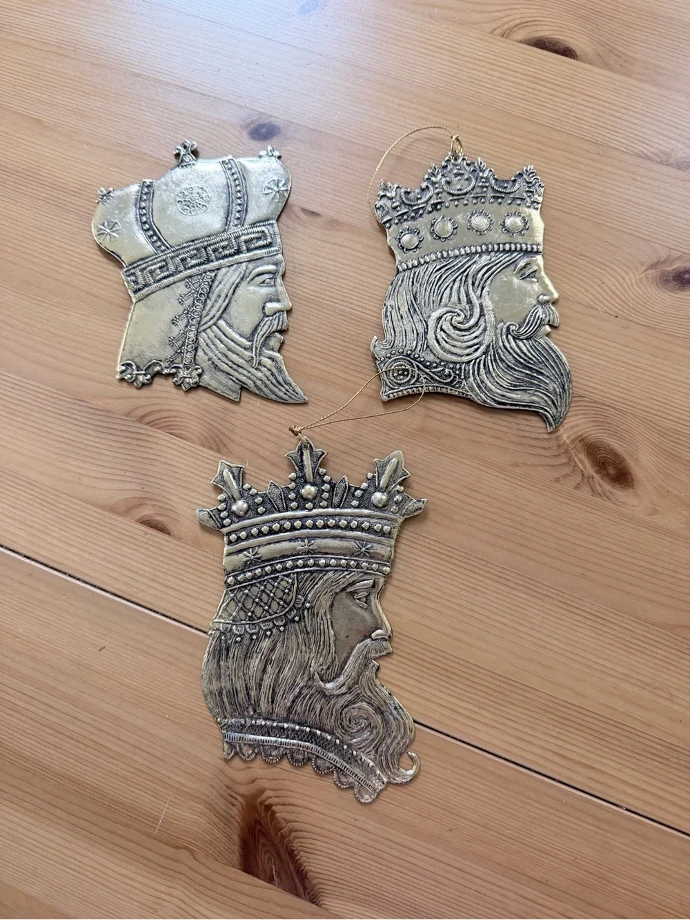 Vintage Gold King Head Ornament Trio